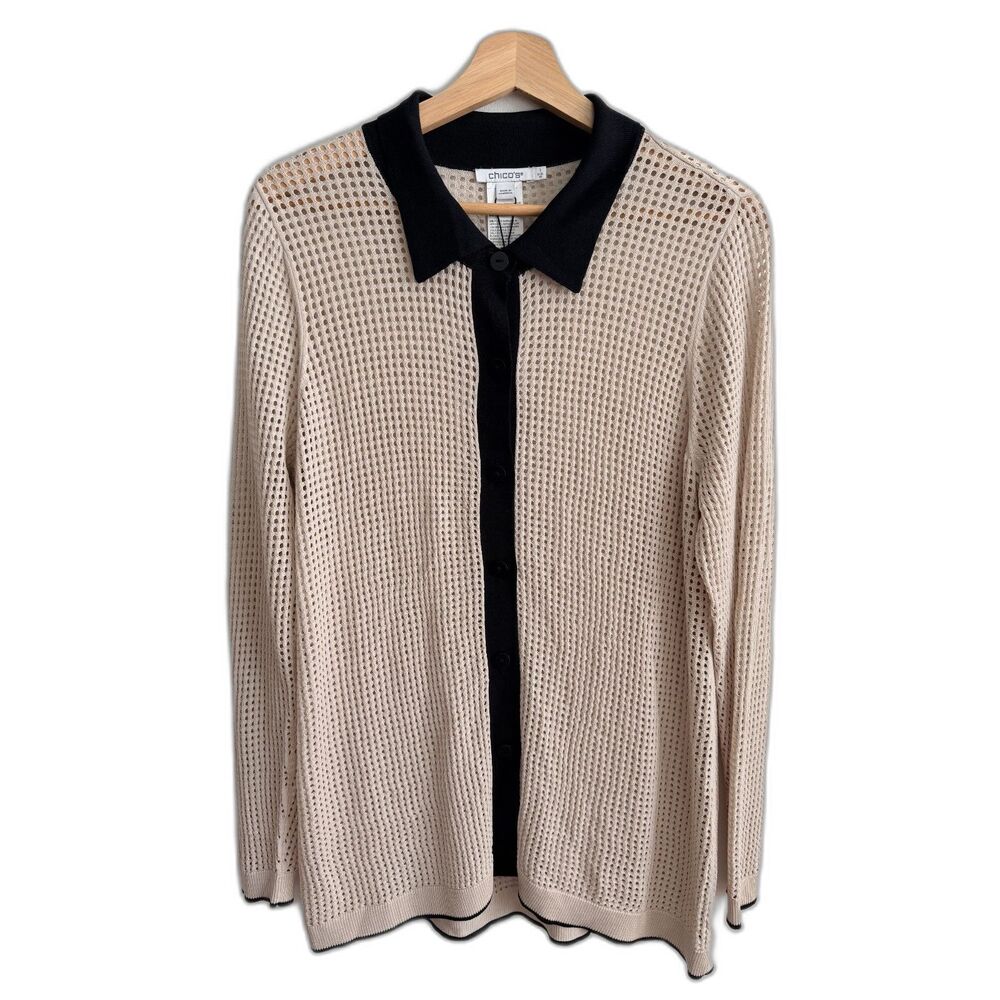 Chico's Cardigan Womens M Size 1 Beige Black Mesh Open Knit Button Front NWT